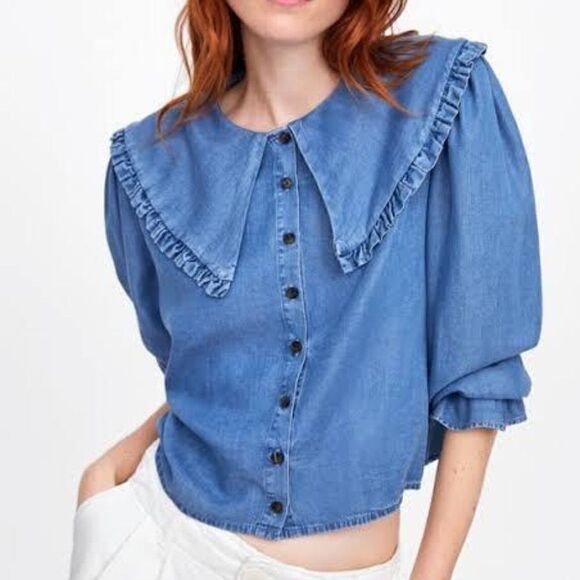 ZARA DENIM CHAMBRAY COLLARED BLOUSE TOP - Picture 2 of 10